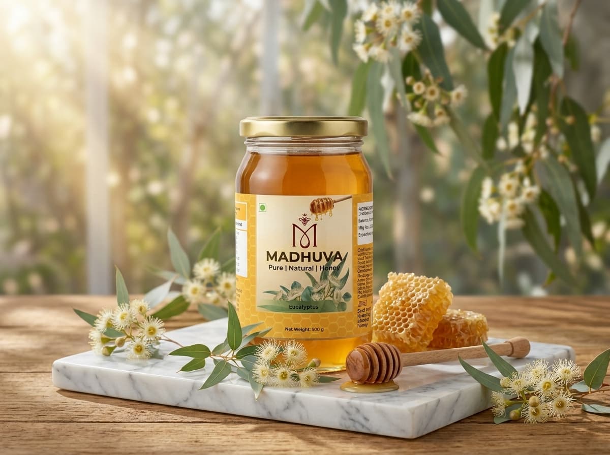 Madhuvā Pure Natural Eucalyptus Honey 500g Glass Jar with eucalyptus blossoms and honeycomb